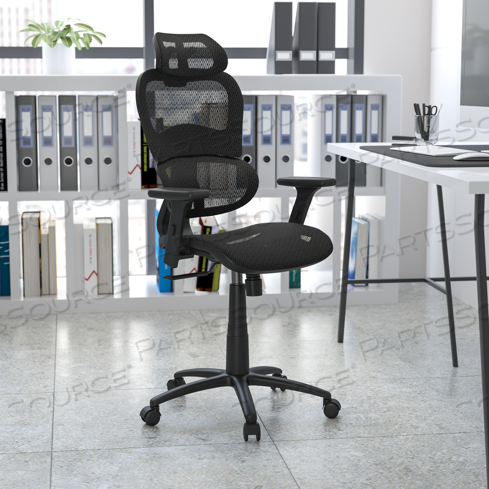 LO ERGONOMIC MESH OFFICE CHAIR WITH 2-TO-1 SYNCHRO-TILT, ADJUSTABLE HEADREST, LUMBAR SUPPORT, AND ADJUSTABLE PIVOT ARMS IN BLACK by Flash Furniture