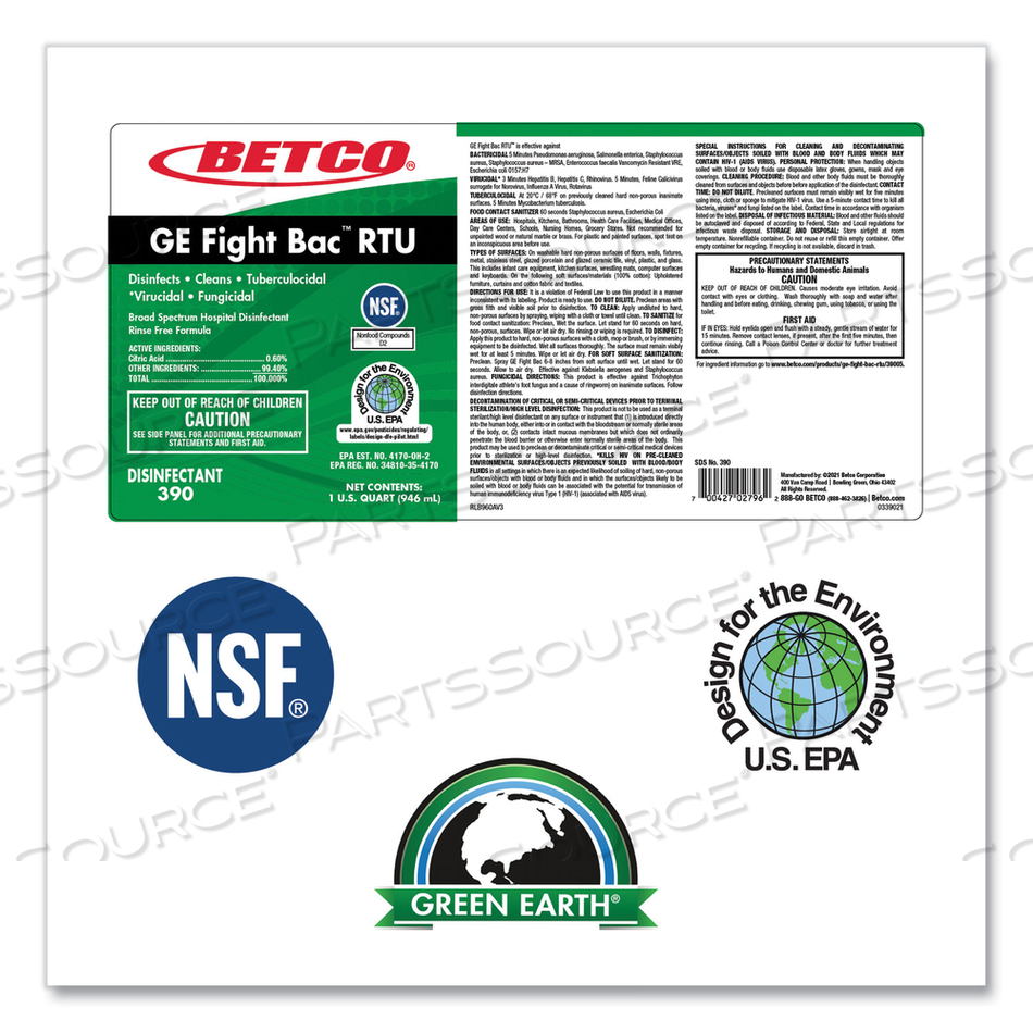 GE FIGHT BAC RTU DISINFECTANT, FRESH SCENT, 32 OZ BOTTLE by Betco Corporation GE FIGHT BAC RTU DISINFECTANT, FRESH SCENT, 32 OZ BOTTLE by Betco Corporation