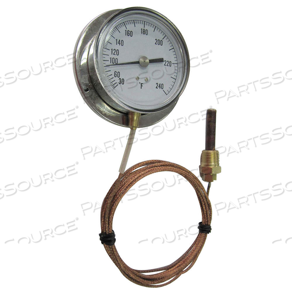 ANALOG PANEL MOUNT THERMOMETER, 30° TO 240°F, 3.5 IN DIAL DIA, 1/2 IN MNPT WITH 10 FT CABLE by Approved Vendor