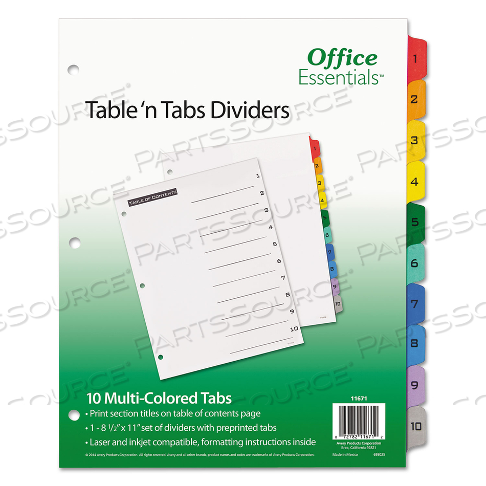 TABLE 'N TABS DIVIDERS, 10-TAB, 1 TO 10, 11 X 8.5, WHITE, ASSORTED TABS, 1 SET 