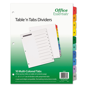 TABLE 'N TABS DIVIDERS, 10-TAB, 1 TO 10, 11 X 8.5, WHITE, ASSORTED TABS, 1 SET by Office Essentials