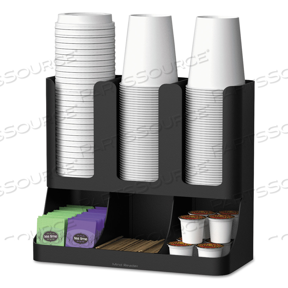 FLUME SIX-SECTION UPRIGHT COFFEE CONDIMENT/CUP ORGANIZER, 11.5 X 6.5 X 15, BLACK by Mind Reader FLUME SIX-SECTION UPRIGHT COFFEE CONDIMENT/CUP ORGANIZER, 11.5 X 6.5 X 15, BLACK by Mind Reader