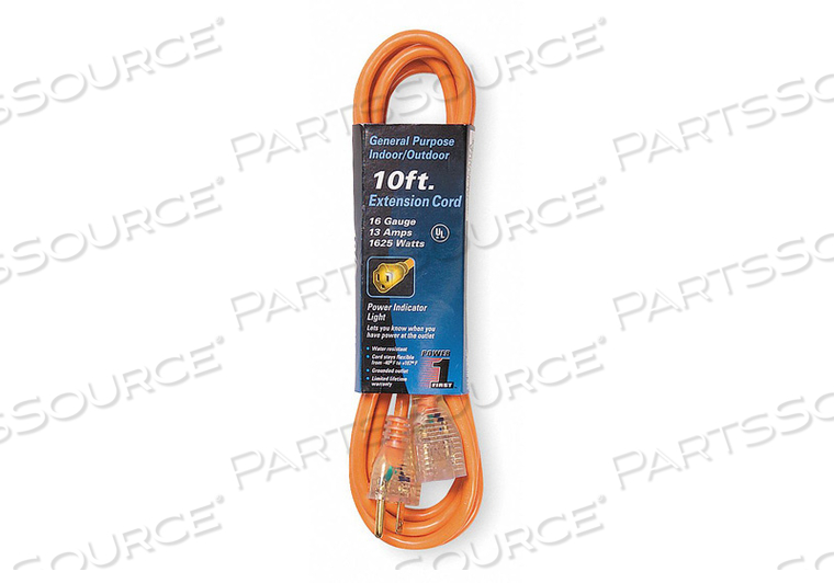 EXTENSION CORD, LOCATION OUTDOOR, CORD LENGTH 10 FT, WIRE SIZE 16 AWG, MAX. AMPS 13 A, VOLTAGE 125V AC, PLUG CONFIGURATION NEMA 5-15P, RECEP by Power First