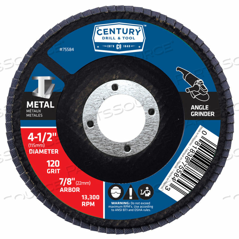 FLAP DISC 4-1/2" X 5/8" 120 GRIT ZIRCONIA by Century Drill And Tool FLAP DISC 4-1/2" X 5/8" 120 GRIT ZIRCONIA by Century Drill And Tool