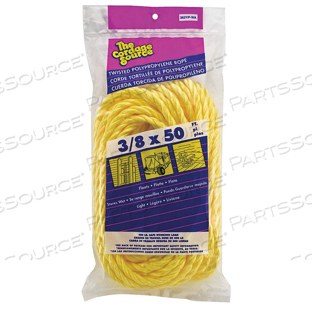 GENERAL PURPOSE UTILITY ROPE, TWISTED, 3/8 IN DIA, 385 LB WORKING LOAD LIMIT, YELLOW by Approved Vendor GENERAL PURPOSE UTILITY ROPE, TWISTED, 3/8 IN DIA, 385 LB WORKING LOAD LIMIT, YELLOW by Approved Vendor