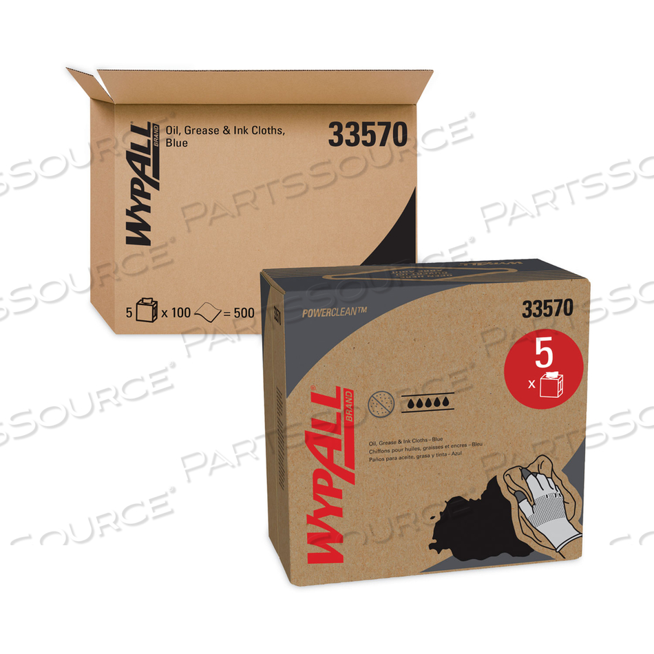 POWER CLEAN OIL, GREASE AND INK CLOTHS, POP-UP BOX, 8.8 X 16.8, BLUE by WypAll POWER CLEAN OIL, GREASE AND INK CLOTHS, POP-UP BOX, 8.8 X 16.8, BLUE by WypAll