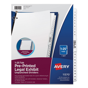 PREPRINTED LEGAL EXHIBIT SIDE TAB INDEX DIVIDERS, AVERY STYLE, 25-TAB, 1 TO 25, 11 X 8.5, WHITE, 1 SET by Avery