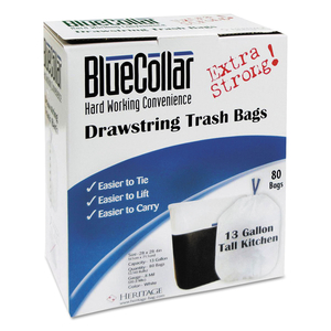 DRAWSTRING TRASH BAGS, 13 GAL, 0.8 MIL, 24" X 28", WHITE, 80 BAGS/BOX, 6 BOXES/CARTON by BlueCollar