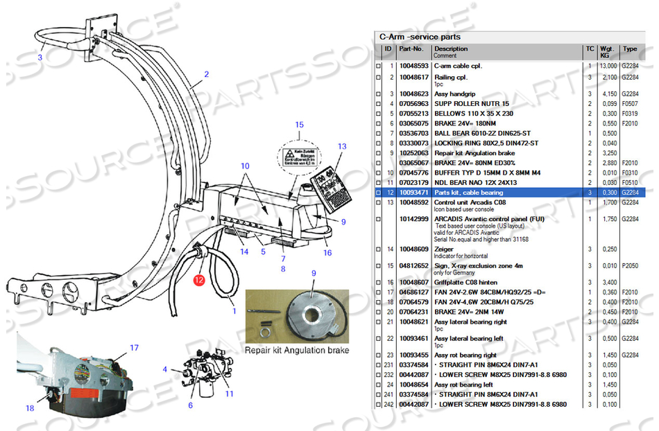 PARTS KIT, CABLE BEARING, FOR USE WITH: FOR C-ARM MACHINE PARTS KIT, CABLE BEARING, FOR USE WITH: FOR C-ARM MACHINE