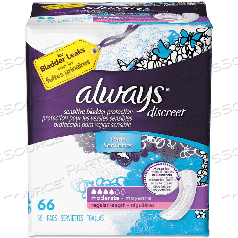 DISCREET INCONTINENCE PADS, MODERATE, 66 PADS/PACK, 3 PACKS/CASE 