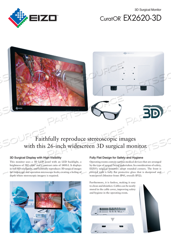 26" FULL HD 3D MEDICAL GRADE IPS LED MONITOR 16:9 (1920X1080), 1400:1 CONTRAST RATIO, 580CD/M2 BRIGHTNESS, INPUTS 3GSDI X 2 COMPOSITE X1, RGB CSYNC OR COMPONENT 1 SET, S-VIDEO-X 1, DVI-DX 2 (W HDCP), D SUB 15 PIN(MINI) X1. OUTPUT 3GSDIX 2, RGB C-SYNC OR COMPONENT 1 SET, CO by Eizo Inc. 26" FULL HD 3D MEDICAL GRADE IPS LED MONITOR 16:9 (1920X1080), 1400:1 CONTRAST RATIO, 580CD/M2 BRIGHTNESS, INPUTS 3GSDI X 2 COMPOSITE X1, RGB CSYNC OR COMPONENT 1 SET, S-VIDEO-X 1, DVI-DX 2 (W HDCP), D SUB 15 PIN(MINI) X1. OUTPUT 3GSDIX 2, RGB C-SYNC OR COMPONENT 1 SET, CO by Eizo Inc.