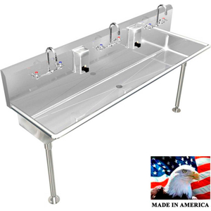 STAINLESS STEEL SINK, 3 STATION W/MANUAL FAUCETS, STRAIGHT LEGS 60"L X 20"W X 8"D by Best Sheet Metal, Inc.