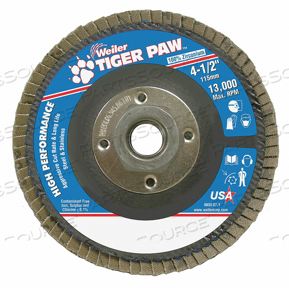 H7367 FLAP DISC TYPE 29 4-1/2IN. DIA. 36 GRIT by Weiler H7367 FLAP DISC TYPE 29 4-1/2IN. DIA. 36 GRIT by Weiler