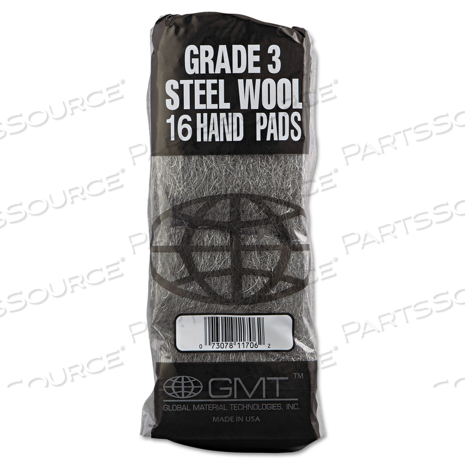 INDUSTRIAL-QUALITY STEEL WOOL HAND PADS, #3 MEDIUM, STEEL GRAY, 16 PADS/SLEEVE by GMT