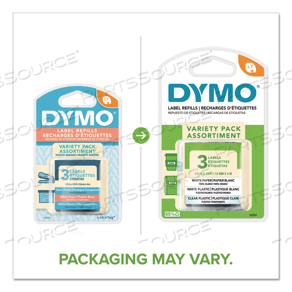 LETRATAG PAPER/PLASTIC LABEL TAPE VALUE PACK, 0.5" X 13 FT, ASSORTED by Dymo
