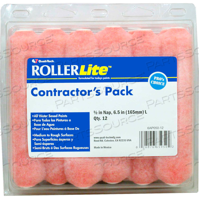 ROLLERLITE 6" X 1/2" PINK POLYESTER MINI ROLLER COVER, 12/PACK 6/CASE by Quali-Tech Mfg