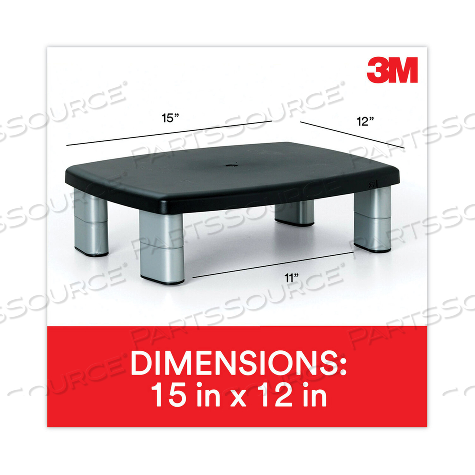 ADJUSTABLE HEIGHT MONITOR STAND, 15" X 12" X 2.63" TO 5.78", BLACK/SILVER, SUPPORTS 80 LBS by 3M Consumer ADJUSTABLE HEIGHT MONITOR STAND, 15" X 12" X 2.63" TO 5.78", BLACK/SILVER, SUPPORTS 80 LBS by 3M Consumer
