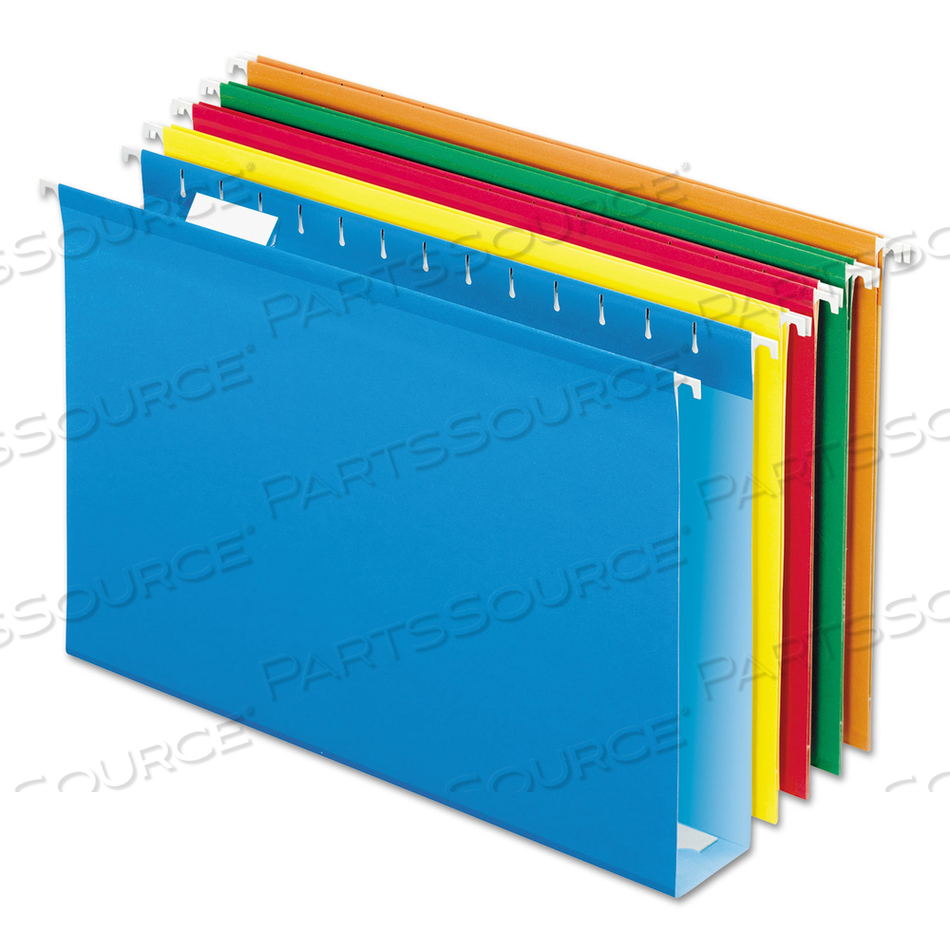 EXTRA CAPACITY REINFORCED HANGING FILE FOLDERS WITH BOX BOTTOM, 2" CAPACITY, LEGAL SIZE, 1/5-CUT TABS, ASSORTED COLORS by Esselte Pendaflex Corp. EXTRA CAPACITY REINFORCED HANGING FILE FOLDERS WITH BOX BOTTOM, 2" CAPACITY, LEGAL SIZE, 1/5-CUT TABS, ASSORTED COLORS by Esselte Pendaflex Corp.