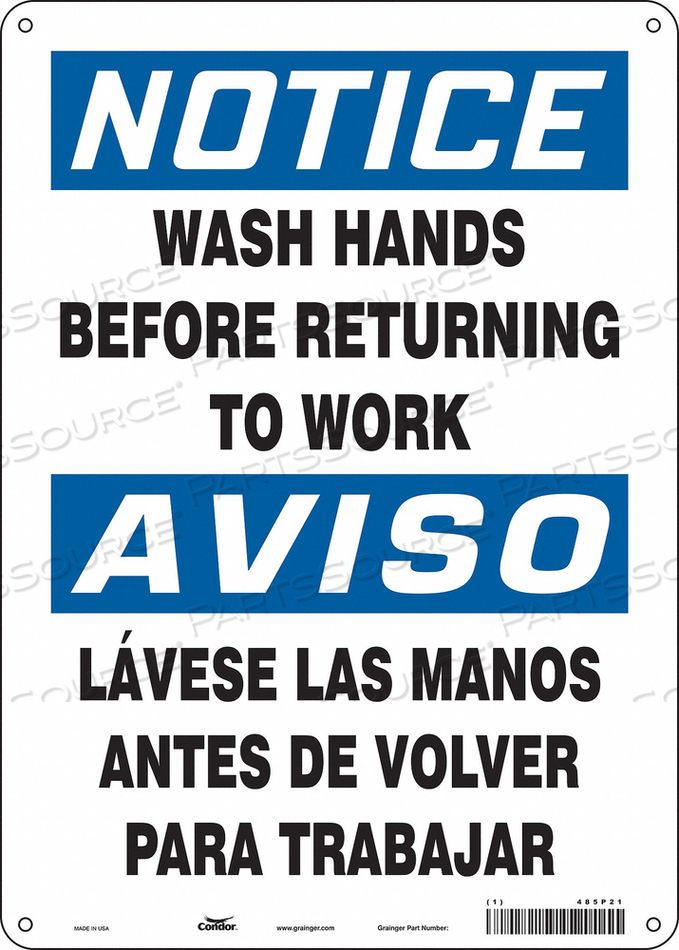 SAFETY SIGN, VERTICAL RECTANGLE, NUMBER OF PRINTED SIDES 1, ENGLISH, SPANISH, SIGN LEGEND WASH HANDS BEFORE RETURNING TO WORK/LAVESE LAS MAN by Condor