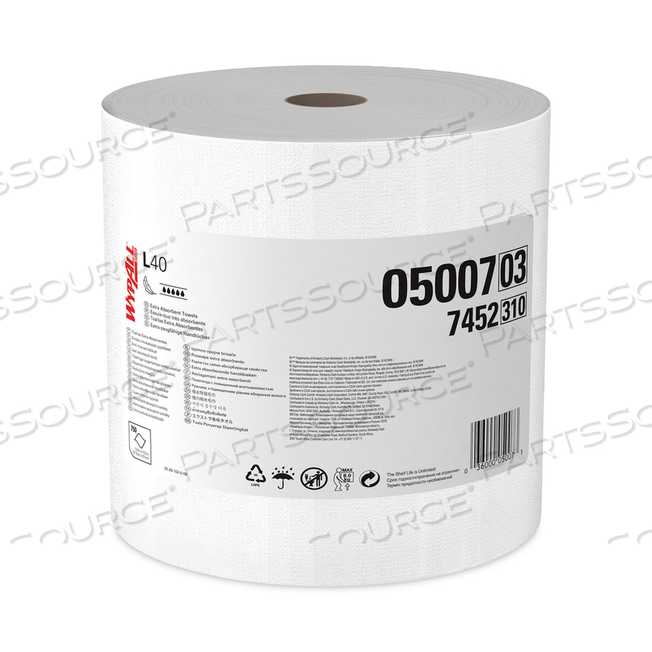 L40 TOWELS, JUMBO ROLL, 12.5 X 12.2, WHITE, 750/ROLL by WypAll L40 TOWELS, JUMBO ROLL, 12.5 X 12.2, WHITE, 750/ROLL by WypAll