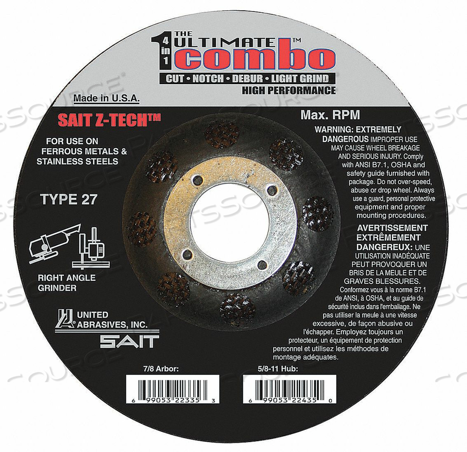 COMBO WHEEL 5 IN D 7/8 IN AH 60 GRIT by United Abrasives-Sait