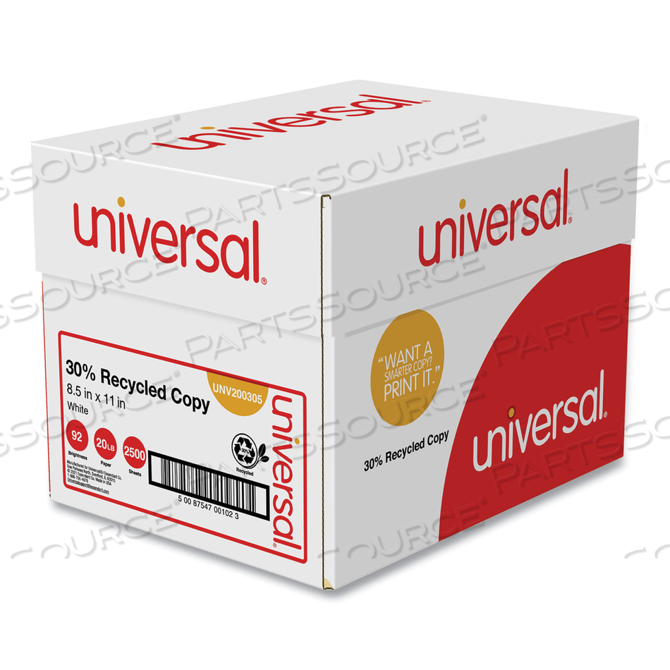 30% RECYCLED COPY PAPER, 92 BRIGHT, 20 LB BOND WEIGHT, 8.5 X 11, WHITE, 500 SHEETS/REAM by Universal 30% RECYCLED COPY PAPER, 92 BRIGHT, 20 LB BOND WEIGHT, 8.5 X 11, WHITE, 500 SHEETS/REAM by Universal