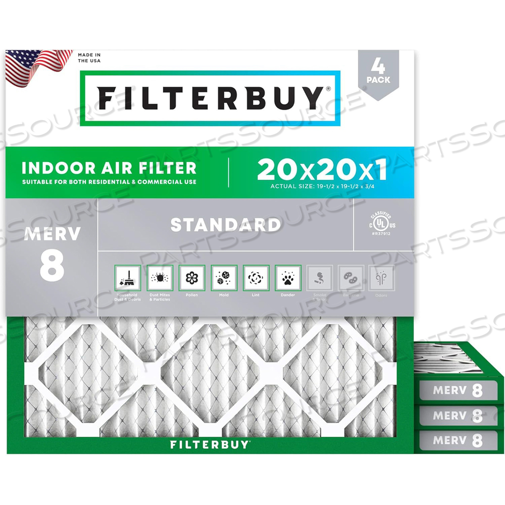 FILTERBUY 20X20X1 AIR FILTER MERV 8 DUST DEFENSE (4-PACK), PLEATED HVAC AC FURNACE AIR FILTERS REPLACEMENT (ACTUAL SIZE: 19.50 X 19.50 X 0.75 INCHES) 