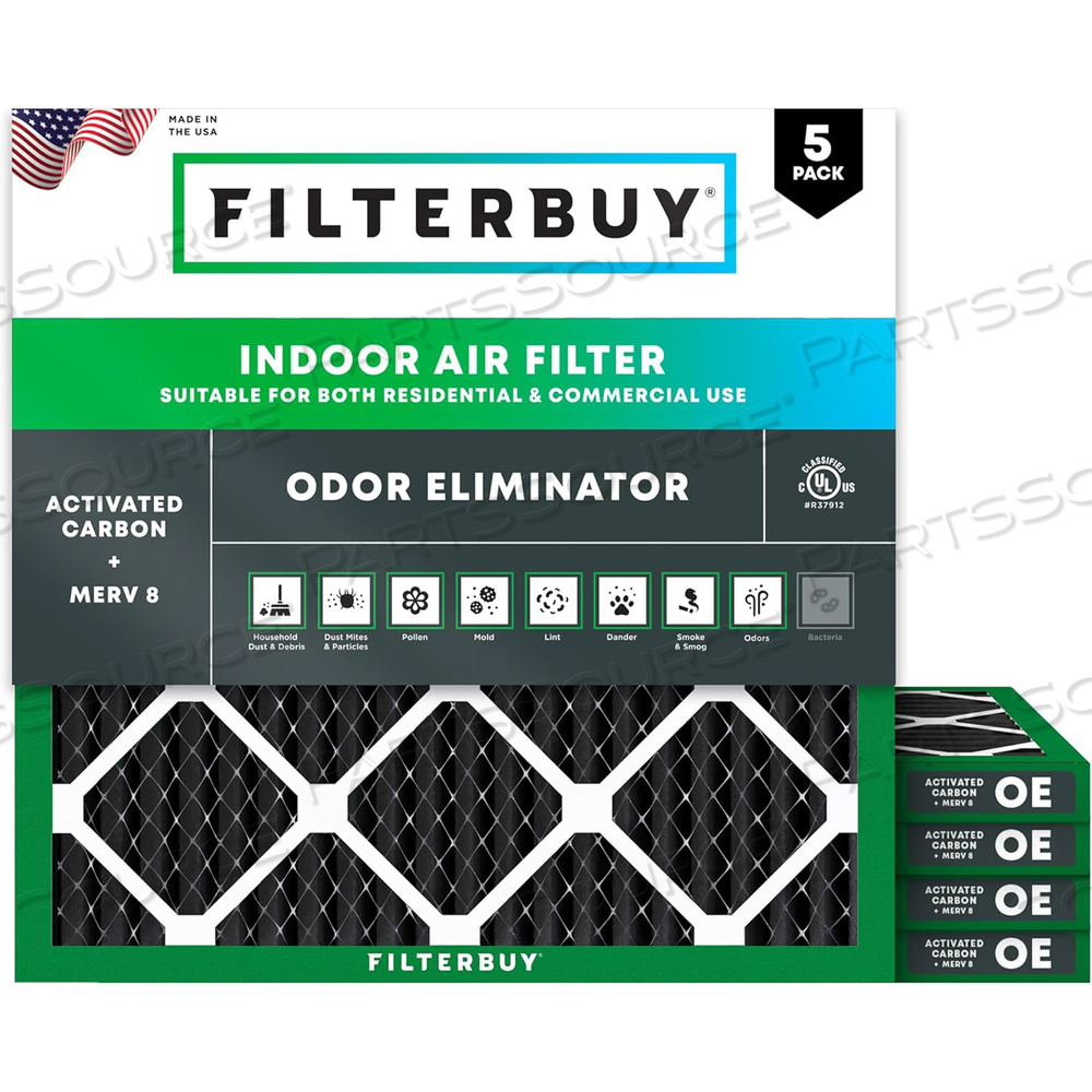 FILTERBUY 10X10X1 AIR FILTER MERV 8 ODOR ELIMINATOR (5-PACK), PLEATED HVAC AC FURNACE AIR FILTERS REPLACEMENT WITH ACTIVATED CARBON (ACTUAL SIZE: 9.50 X 9.50 X 0.75 INCHES) 