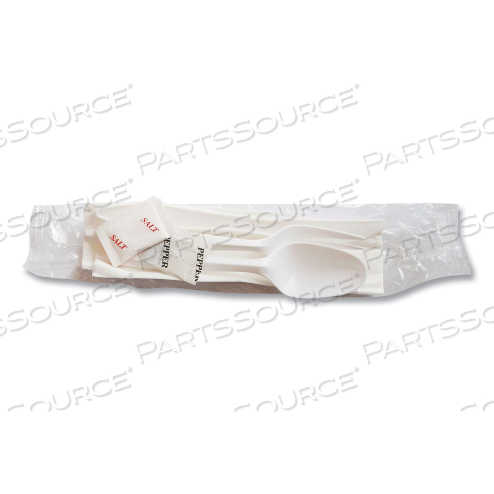 MEDIUMWEIGHT CUTLERY KIT, PLASTIC FORK/SPOON/KNIFE/SALT/PEP/NAPKIN, WHITE, 250/CARTON by Berkley Square MEDIUMWEIGHT CUTLERY KIT, PLASTIC FORK/SPOON/KNIFE/SALT/PEP/NAPKIN, WHITE, 250/CARTON by Berkley Square