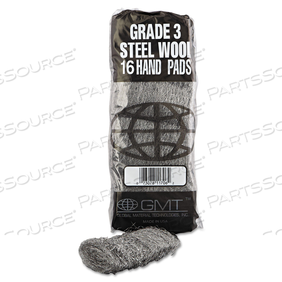 INDUSTRIAL-QUALITY STEEL WOOL HAND PADS, #3 MEDIUM, STEEL GRAY, 16 PADS/SLEEVE by GMT