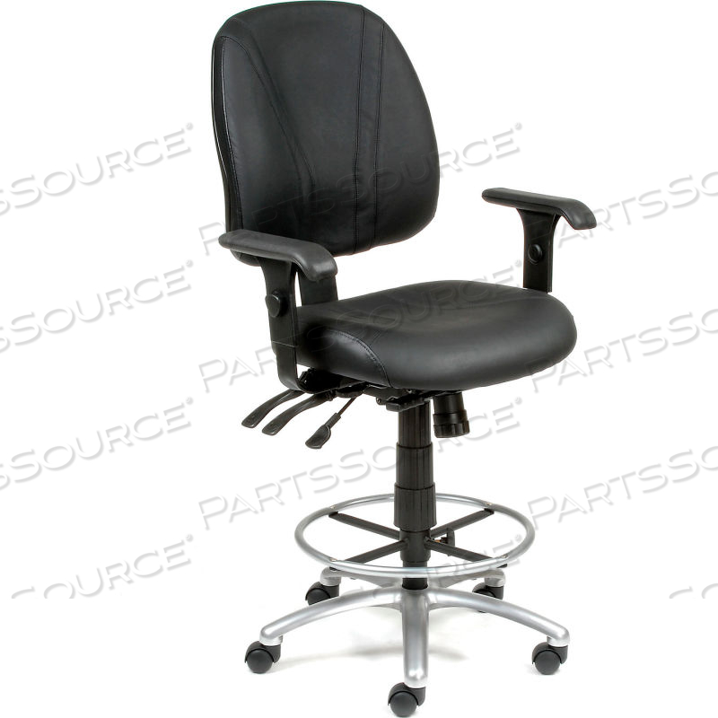 INTERION DELUXE LEATHER OFFICE STOOL WITH ARMS - 360 FOOTREST - BLACK 