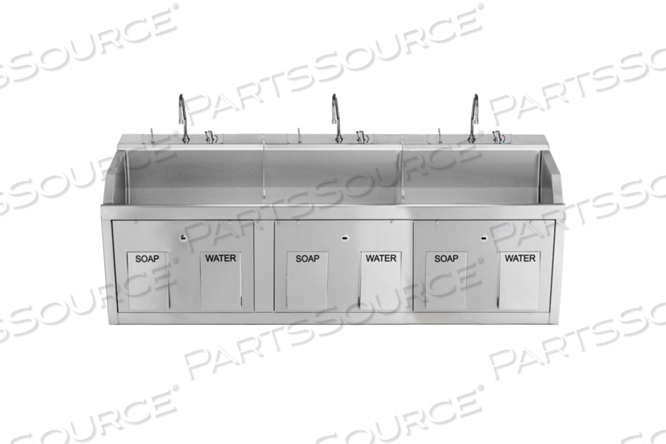 LODI SCRUB SINK (3) PLACE WALL MOUNTED W/KNEE ACTION CONTROL W/SOAP DISPENSER W/INFRARED WATER CONTROL by Blickman LODI SCRUB SINK (3) PLACE WALL MOUNTED W/KNEE ACTION CONTROL W/SOAP DISPENSER W/INFRARED WATER CONTROL by Blickman