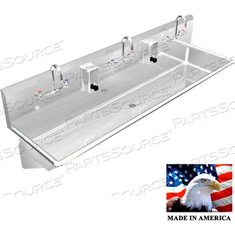 STAINLESS STEEL SINK, 3 STATION W/MANUAL FAUCETS, WALL BRACKETS 72"L X 25"W X 8"D 