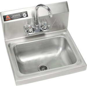 WALL MOUNT STAINLESS STEEL HAND SINK 14"W 10"D WITH 7" GOOSENECK FAUCET, 8" BACKSPLASH by Aero Manufacturing Co.