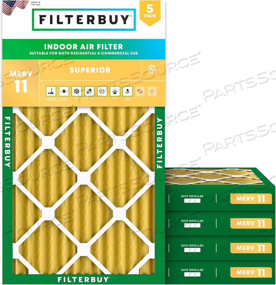 FILTERBUY 15X25X2 AIR FILTER MERV 11 ALLERGEN DEFENSE (5-PACK), PLEATED HVAC AC FURNACE AIR FILTERS REPLACEMENT (ACTUAL SIZE: 14.50 X 24.50 X 1.75 INCHES) 