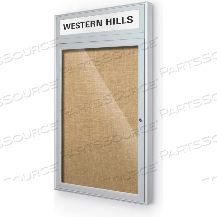 OUTDOOR HEADLINE BULLETIN BOARD CABINET,1-DOOR 18"W X 30"H, SILVER TRIM, NATURAL 