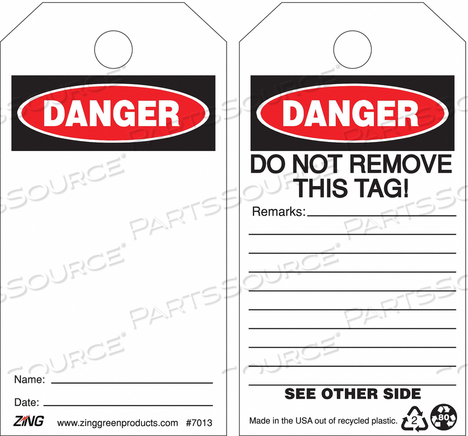 DANGER TAG 5-3/4 X 3 IN PLSTC OSHA PK10 by ZING Green Safety Products