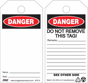 DANGER TAG 5-3/4 X 3 IN PLSTC OSHA PK10 by ZING Green Safety Products