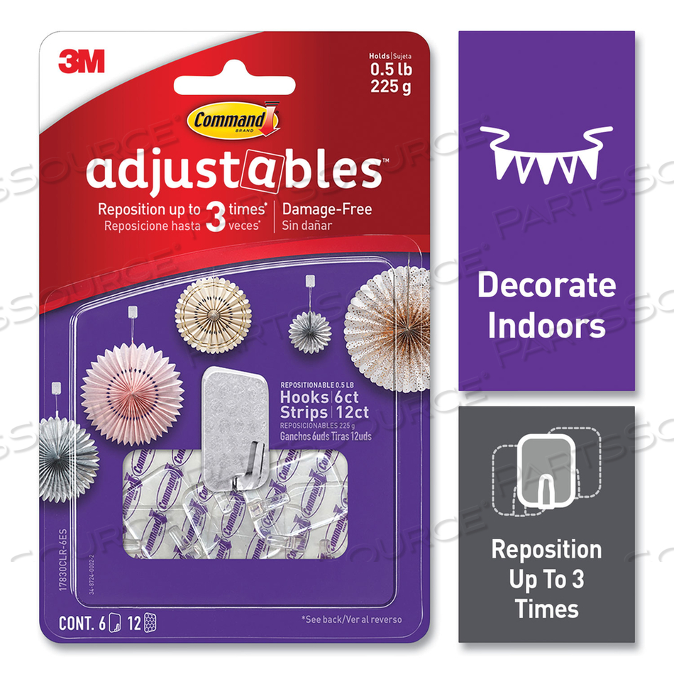 ADJUSTABLES REPOSITIONABLE MINI HOOKS, PLASTIC, WHITE, 0.5 LB CAPACITY, 6 HOOKS AND 12 STRIPS 