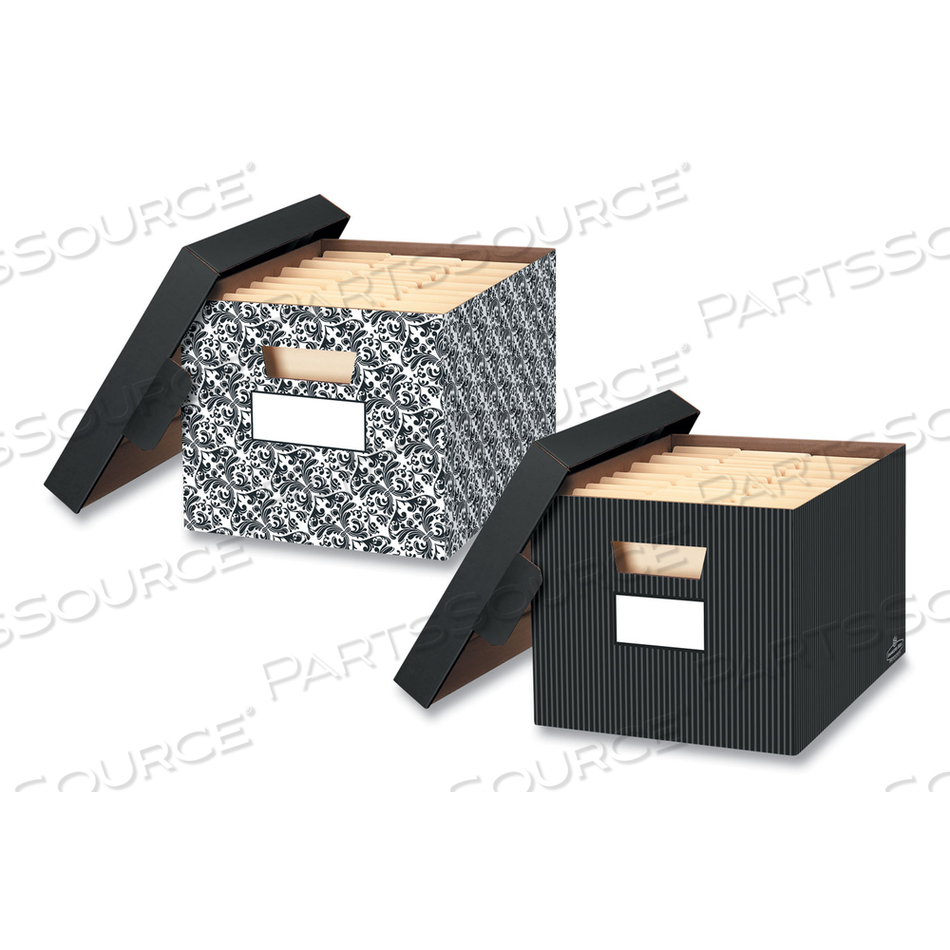 STOR/FILE DECORATIVE MEDIUM-DUTY STORAGE BOX, LETTER/LEGAL FILES, 12.5" X 16.25" X 10.5", BLACK/WHITE BROCADE DESIGN by Bankers Box