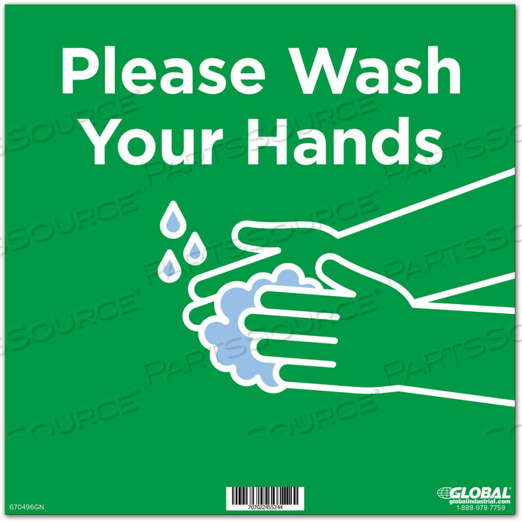 12" SQUARE PLEASE WASH YOUR HANDS WALL SIGN, GREEN, ADHESIVE by The Magnet Group
