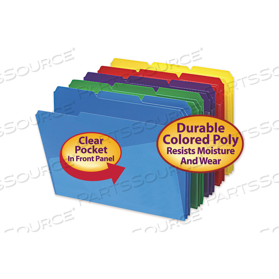 POLY COLORED FILE FOLDERS WITH SLASH POCKET, 1/3-CUT TABS: ASSORTED, LETTER SIZE, 0.75" EXPANSION, ASSORTED COLORS by Smead