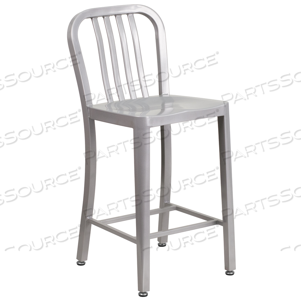 GAEL COMMERCIAL GRADE 24" HIGH SILVER METAL INDOOR-OUTDOOR COUNTER HEIGHT STOOL WITH VERTICAL SLAT BACK by Flash Furniture GAEL COMMERCIAL GRADE 24" HIGH SILVER METAL INDOOR-OUTDOOR COUNTER HEIGHT STOOL WITH VERTICAL SLAT BACK by Flash Furniture