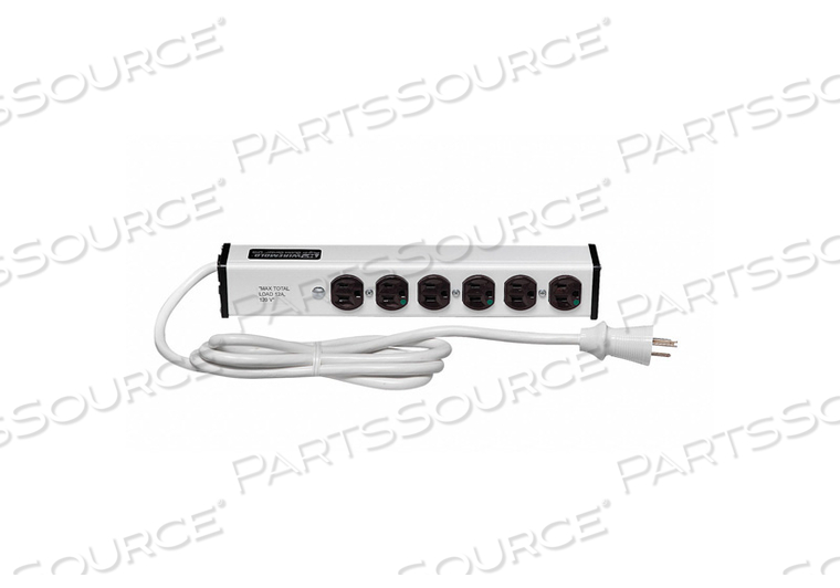 POWER OUTLET STRIP, 110 TO 126 VAC, ALUMINUM, 15 A, 2/3.5 IN X 1.75/2 IN X 13.25 IN, 6 OUTLET, 6 FT CORD, MEETS CTUVUS, CULUS, UL by Wiremold