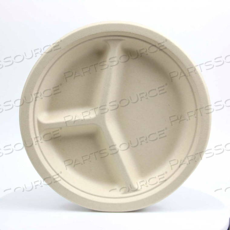 ECO-FRIENDLY 3 COMPARTMENT ROUND PLATES, 10", WHEAT STALK FIBER, 500 PCS. 