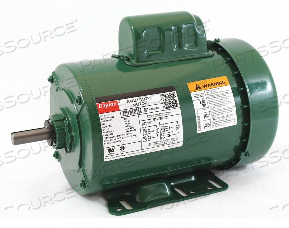 HIGH TORQUE FARM DUTY MOTOR, SINGLE PHASE, MOTOR DESIGN CAPACITOR-START, 1 HP, NAMEPLATE RPM 1,725, NO. OF SPEEDS 1, VOLTAGE 115/230V AC, FU by DAYTON ELECTRIC MANUFACTURING CO HIGH TORQUE FARM DUTY MOTOR, SINGLE PHASE, MOTOR DESIGN CAPACITOR-START, 1 HP, NAMEPLATE RPM 1,725, NO. OF SPEEDS 1, VOLTAGE 115/230V AC, FU by DAYTON ELECTRIC MANUFACTURING CO