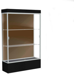 EDGE LIGHTED FLOOR CASE, CHOCOLATE BACK, SATIN FRAME, 12" BLACK BASE, 48"W X 76"H X 20"D by Waddell Display