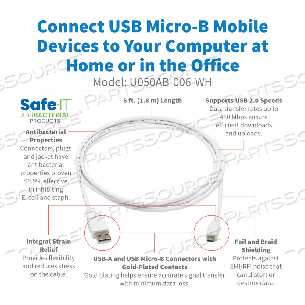 SAFE-IT USB-A TO USB MICRO-B ANTIBACTERIAL CABLE M/M WHITE 6FT by Tripp Lite
