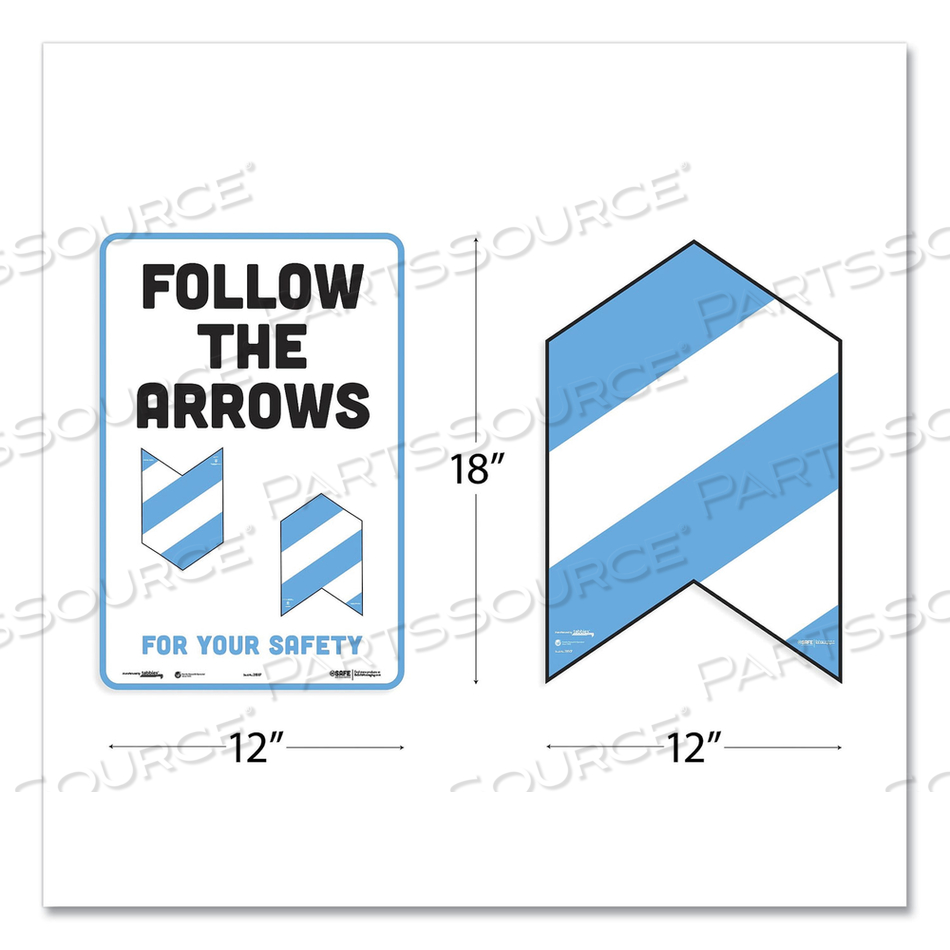 BESAFE MESSAGING EDUCATION FLOOR ARROWS AND WALL SIGN, FOLLOW THE ARROWS FOR YOUR SAFETY, 12X18, WHITE/BLUE, 6 ARROWS, 1 SIGN 