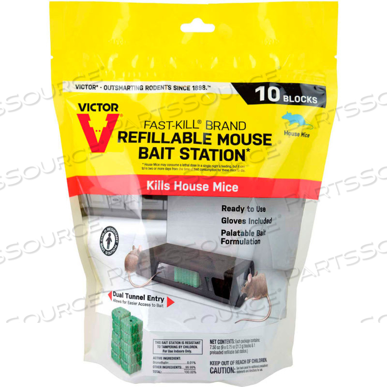 VICTOR FAST-KILL BRAND REFILLABLE MOUSE BAIT STATION, 10 BAITS, 7.5 OZ. POISON BLOCK 